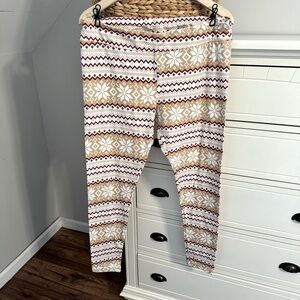 Time and Tru Fairisle Snowflake Tan Maroon Leggings Casual Lounge Women’s XL